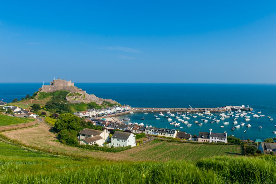 Harbour and Gorey Castle in Saint Martin, Jersey, Channel Islands,