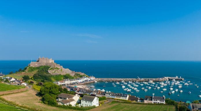 Harbour and Gorey Castle in Saint Martin, Jersey, Channel Islands,